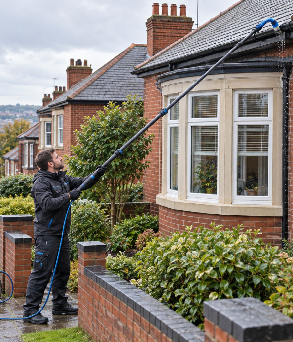 Jet-washing the gutters of a house in Newcastle