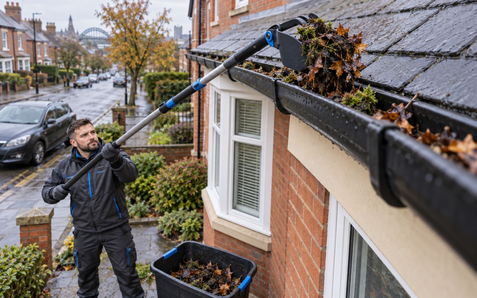 Leaves and moss being cleared from a gutter