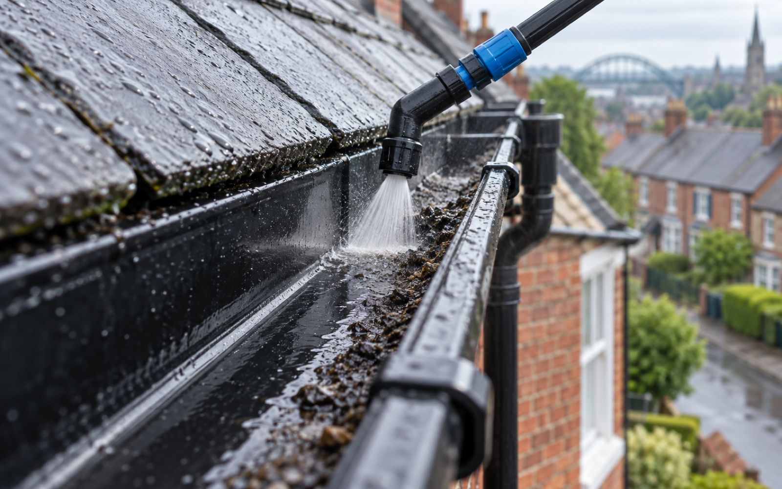 Gutter channel being jet-washed