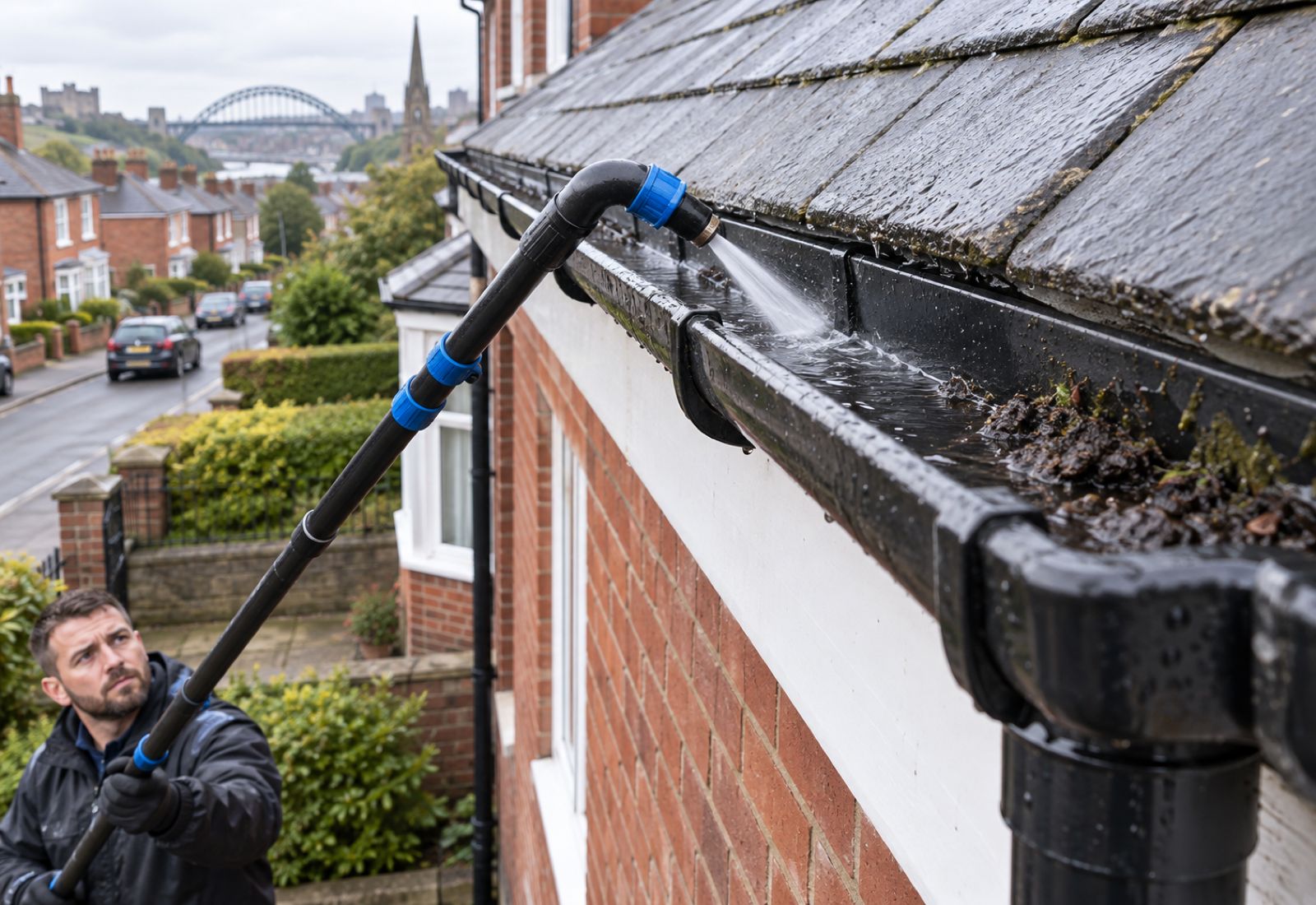 jet-washing a gutter channel